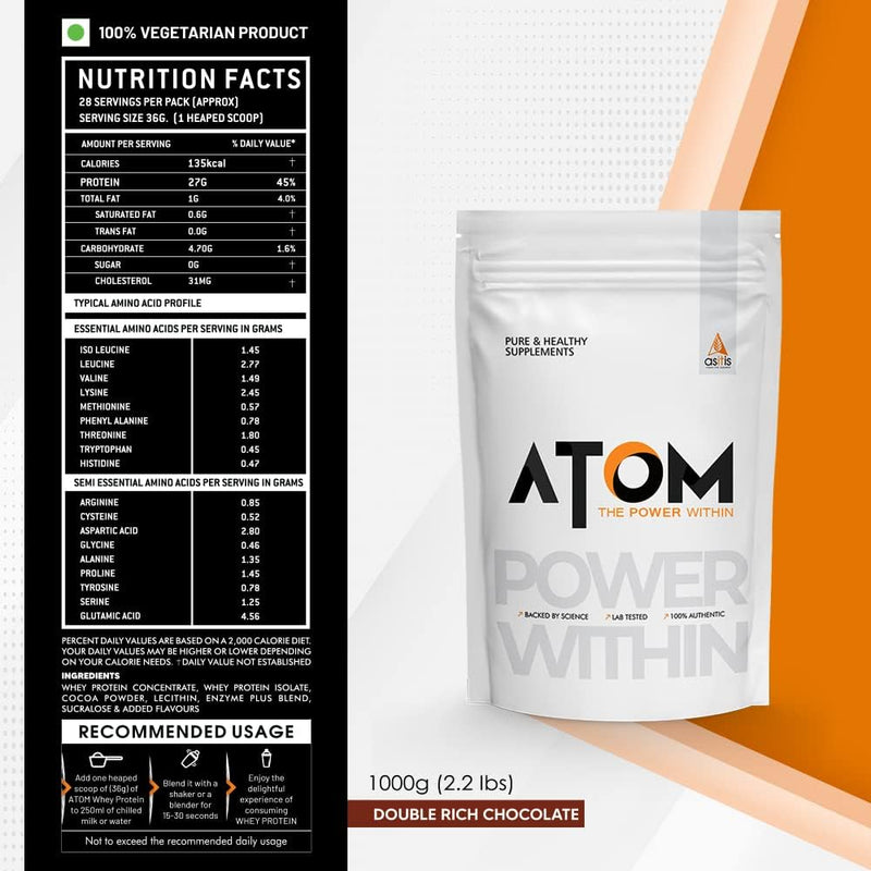 AS-IT-IS Nutrition ATOM Whey Protein 1kg | 27g protein | Isolate & Concentrate | Double Rich Chocolate | USA Labdoor Certified | With Digestive Enzymes for better absorption