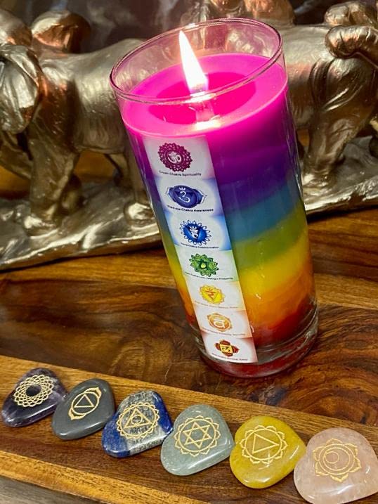 DEPTH AUDIO Meditation Chakra Scented Candle, Seven(7) Chakras Layered Candle, 48-50 Hours Burning Time, Manifestation Candle, 3 Fragrances in One (Lemongrass/Cinnamon/Rose)