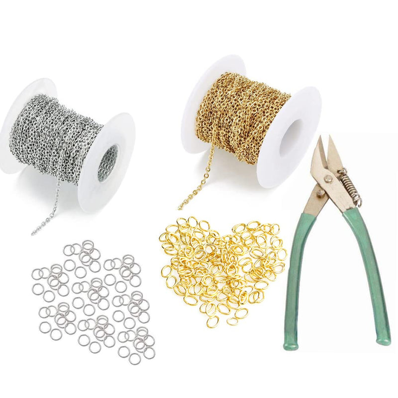 Crafts Haveli Combo of Silver and Golden Sitara Link Necklace Metal Chain for Jewelry Making DIY Materials Findings, 10 Mtr Each with Side Cutter Plier & 20 Lobster and Free Jump Ring