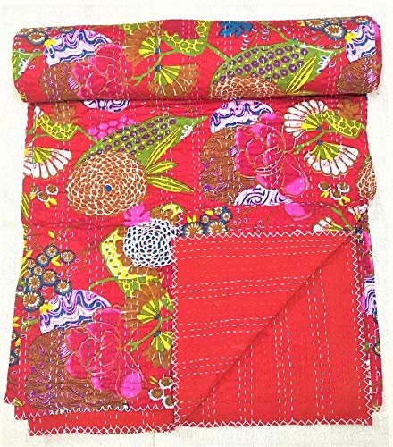 Textile Work Creations Kantha Quilt Hippie Bed-Cover Throw and Cotton Blanket Twin-Size Kantha Quilt Handmade 60 x90 inch Single Size