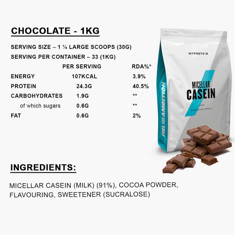 Myprotein Micellar Casein Slow Release Casein Protein Powder Gluten Free Low Sugar Low Fat Support Overnight Muscle Recovery & Athletic Performance Slow Digesting Chocolate 2.2lb, 1kg