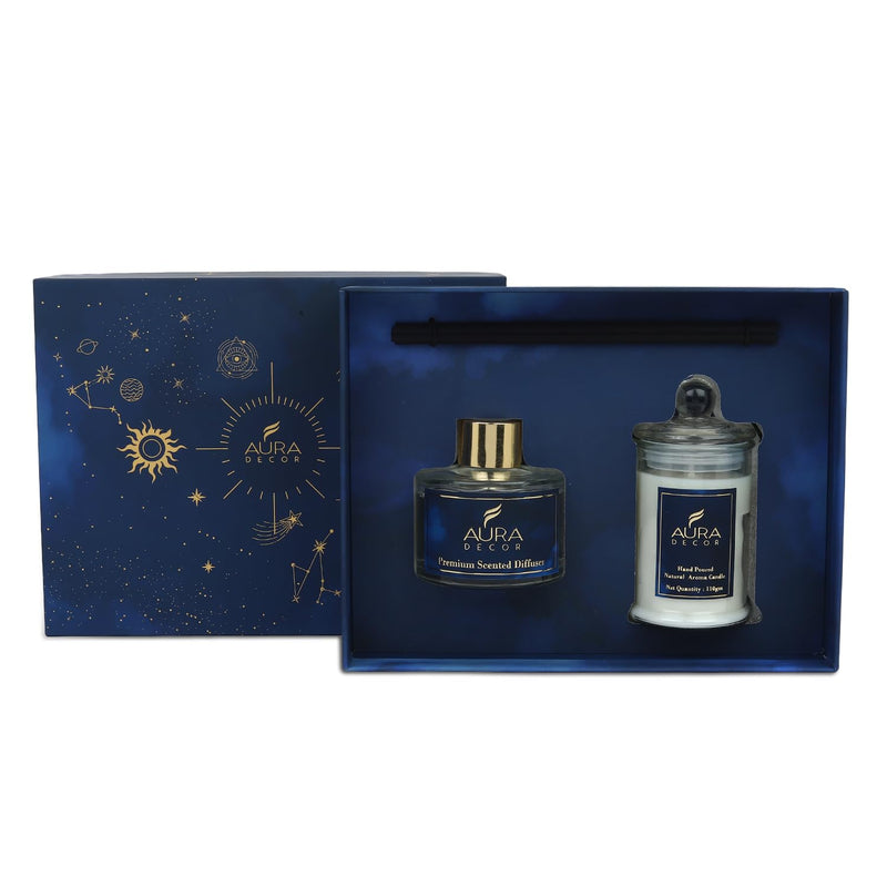 AuraDecor Luxury Reed Diffuser & Scented Candle Gift Set with Premium Fragrance of Blue Sage & Lavender