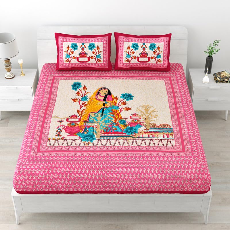 Scottons 100% Cotton Bedsheet with 2 Pillow Covers in 144 TC, Rajasthani Print, Soft Fabric, Queen Size Sheets for Double Bed (90 x 100 Inches), Naari Shakti Design (Pink)