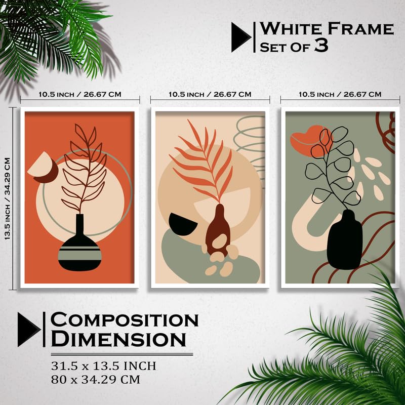 SAF paintings Set of 3 abstract flower Boho modern art design Premium white Framed Bohemian wall painting for for Wall, Home and Living Room Decoration 80 cms x 34.29 cms COMBO-2205-K3