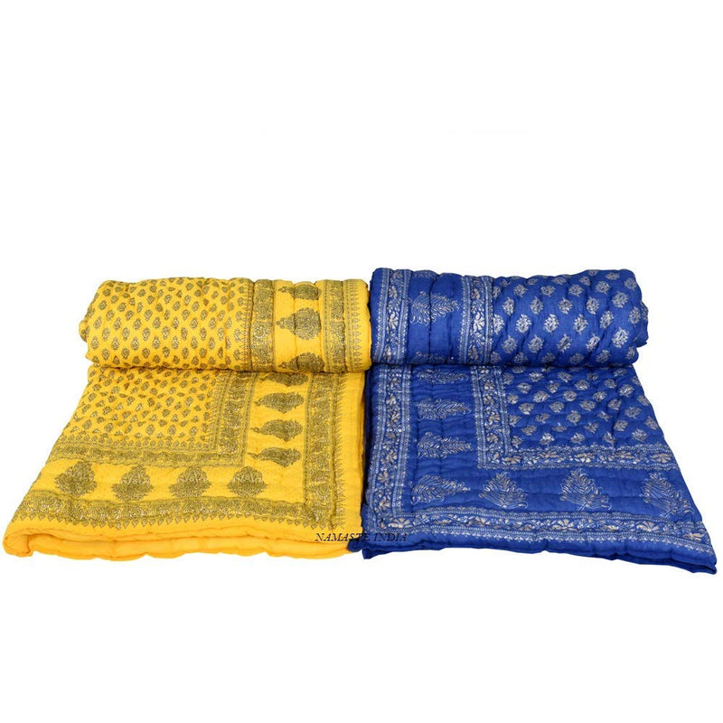 C&G INDIA THROWS HOME DECOR Light Weight Cotton Jaipuri Single Bed Floral Print Quilt (Yellow and Blue, 55X85 Inches) - Set of 2