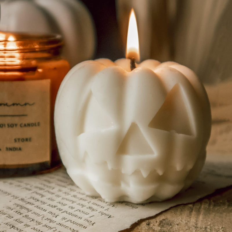 THE UMBRELLA STORE Halloween Sculpture Candle Unscented, 100% Natural Soy Wax- Off White (Pumpkin)