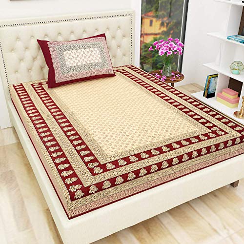 PYAARA PRINTS® Cotton Comfort Rajasthani Jaipuri Traditional Sanganeri Print 144 TC Single Bedsheet with 1 Pillow Cover (Multi 13)