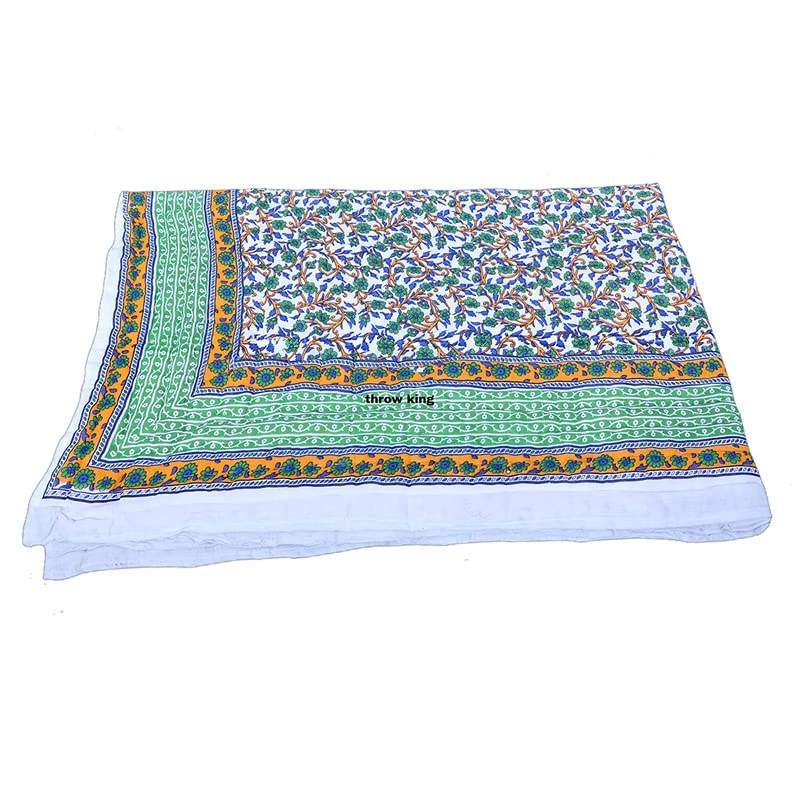 THROW KING Single Bed Jaipuri Cotton Razai Blanket/Quilt Soft Light Weight Rajasthani Traditional Cotton Comforter (Blue and Green, Pack of 2)