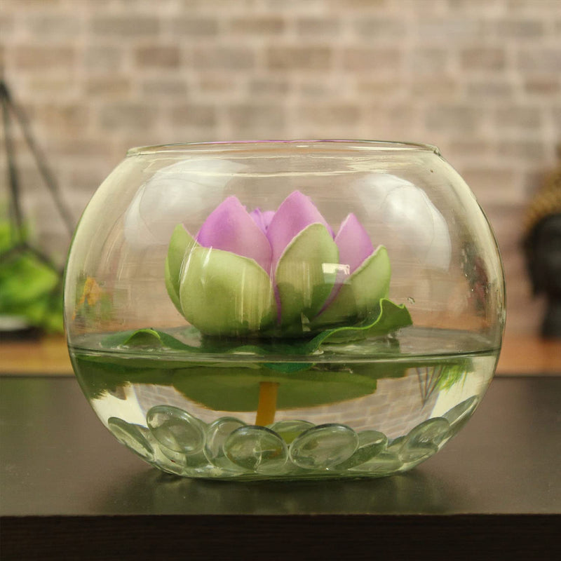 Tied Ribbons Glass Round Vessel with Faux Lotus and Natural Stones (12.49 cm x 12.49 cm x 12.49 cm), Multicolour