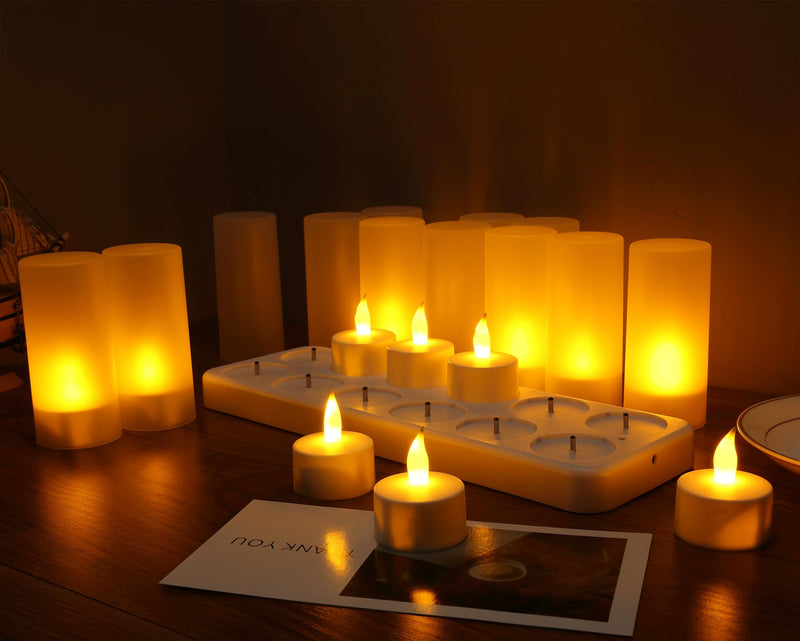 WoneNice Rechargeable Tea Light Tealight Candles With Holders- set of 12 (No Batteries Necessary)- White Base