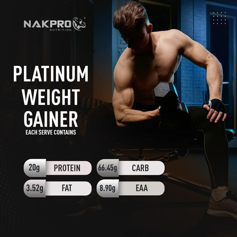 NAKPRO Platinum Weight Gainer | 20g Protein, 66.45g Carb, 3.52g Fat per serve | Added Vitamins & Minerals (Chocolate, 1 Kg)