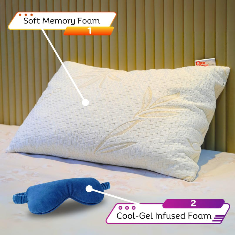 COCOFOAM Shredded Memory Foam Pillow Made with Organic Bamboo Leaf for Head and Neck Support - Comfy and Washable X Cool-Gel Infused Eye Mask, Ultra Light Weight for Better Sleep.