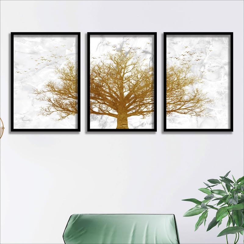 SAF paintings Set of 3 Golden Tree Wall Painting for Home Decoration SA-BLACKMX33520