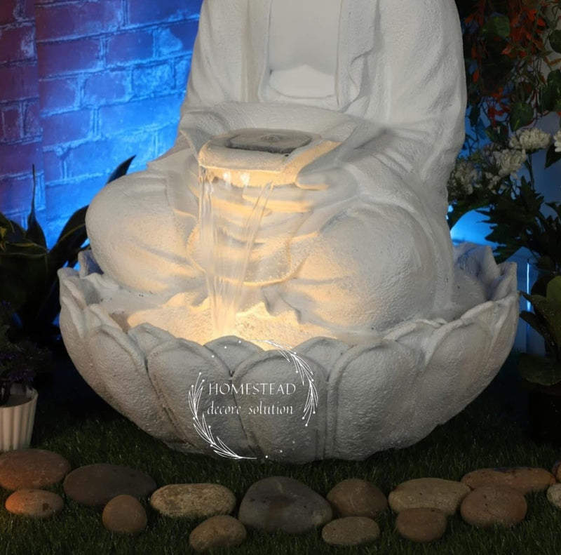 TENDENCE DECOR Garden Fountain with LED Light, Buddha Statue, Decorative Water Feature, Buddha Kamal Fountain 3 FEET FIBER (UNBREAKABLE)