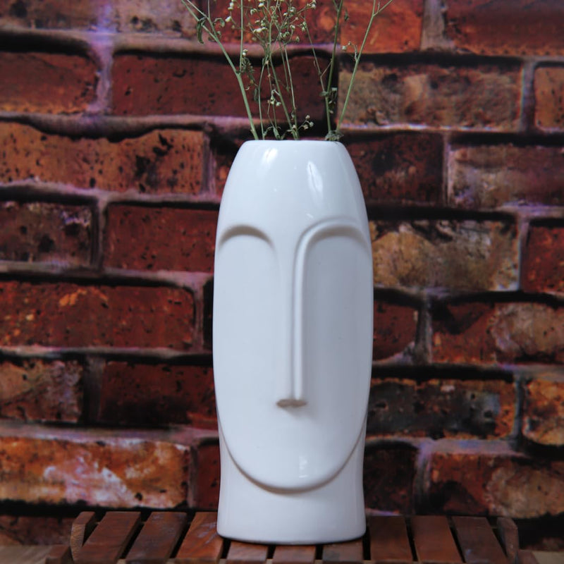 Cheeni Maati 10 Inch Ceramic Abstract Face Vase - Gloss Finish in Timeless White, Perfect for Stunning Floral Arrangements and Unique Home Styling