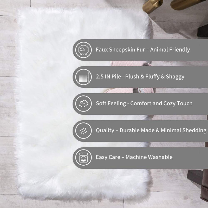 Carvapet Fluffy Shaggy Soft Faux Sheepskin Fur Rectangular Area Rugs Floor Mat Chair Sofa Cover Beside Carpet For Bedroom Living Room, 2Ft X 3Ft, White