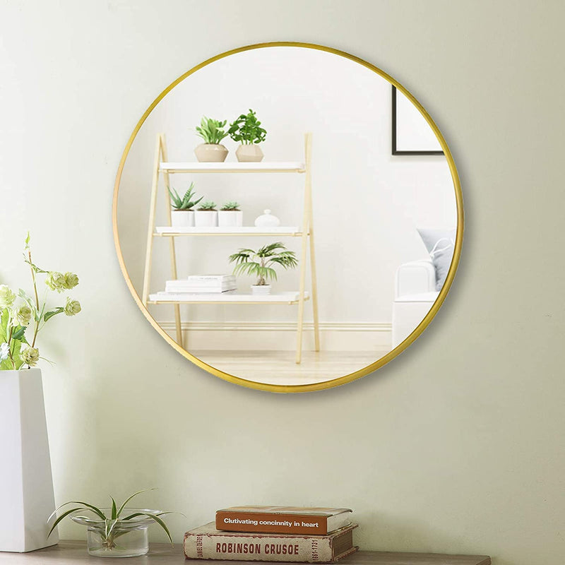 ArtKart Design Valley Round Wall Mirror Modern Design Metal Frame Hd Clear Image (Round Gold, 20 Inch) Framed