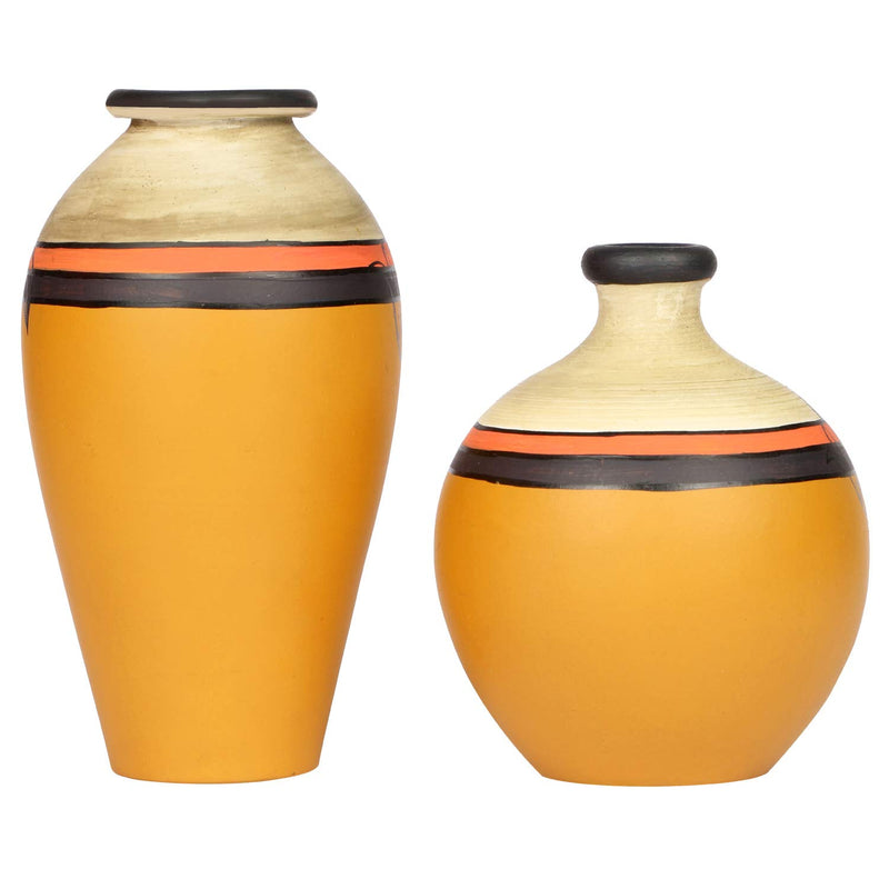 ARTYSTA BEAUTIFYING LIVES Earthenware 'Madhubani Fauna' Yellow Handpainted Terracotta Oblong Flower Vase, Terracotta Decorative For Home Earthen Flower Vases Pots For Home & Office (Set Of 2)