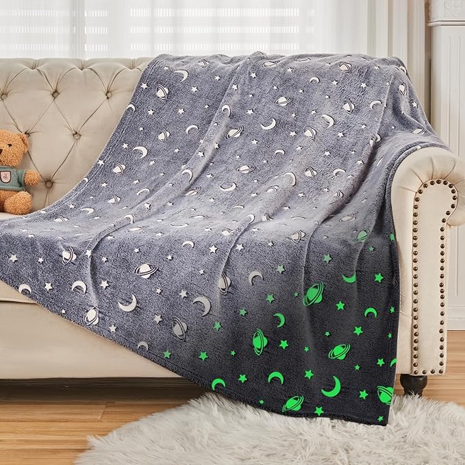 Prostuff.in® Super Soft Fuzzy Fluffy Plush Furry Fleece Glow in The Dark Throw Glowing Blanket with Galaxy Moon Star Pattern All Seasons Blanket for Kids Multicolour 1 Pcs (Size- 50x 60inch)