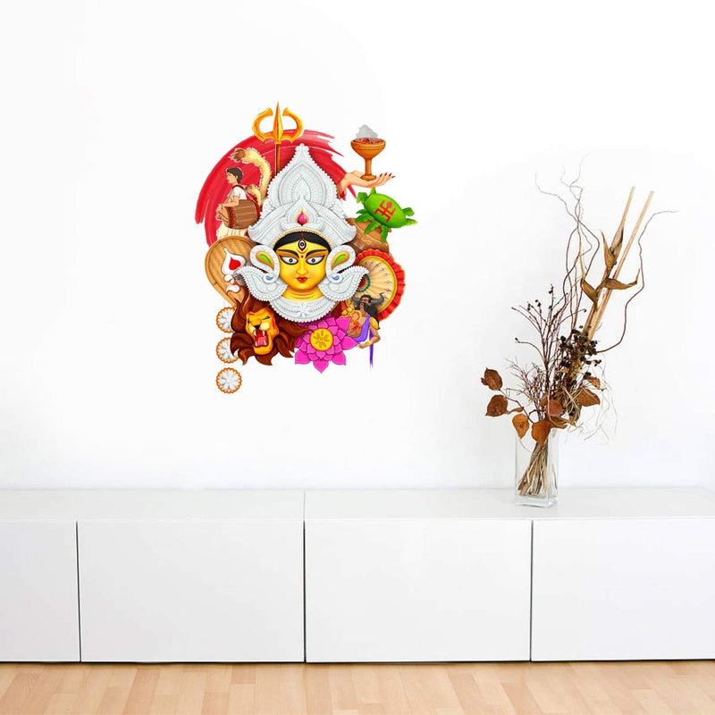 Sticker Studio PVC Vinyl Devi Maa Durga Face 3D MATA Rani Wall Sticker Decal for Wall Living Room, Standard, Multicolor, Pack of 1