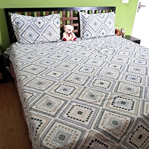 Antalya Decor King Size Cotton bedsheet 150 GSM 100 * 108 inches (Green) Glace Cotton with Free Jute Bag Size 8x8 inch (Geometric2)