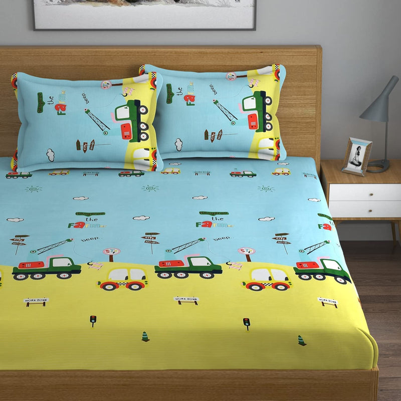 Nirwana decor® Daisy Printed Double Bed/Single Bed/Fitted Kids bedsheets with Pillow Cover (Double Flat 90 x100, Sky)