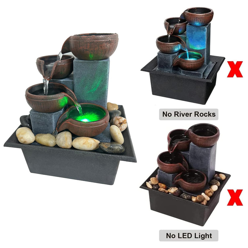 Small Tabletop Waterfall Fountain Zen Meditation Fountain Indoor Desktop Water Fountain with LED Light and Natural River Rocks for Office Home Bedroom