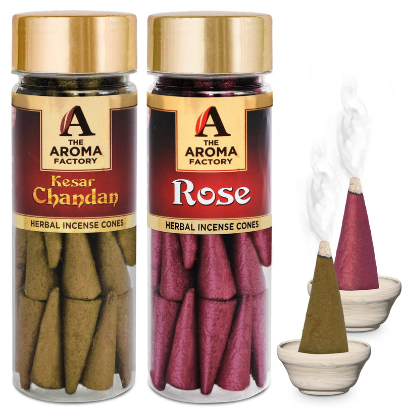 The Aroma Factory Incense Dhoop Cone for Pooja, Kesar Chandan & Rose (100% Herbal & 0% Charcoal) 2 Bottles x 90g