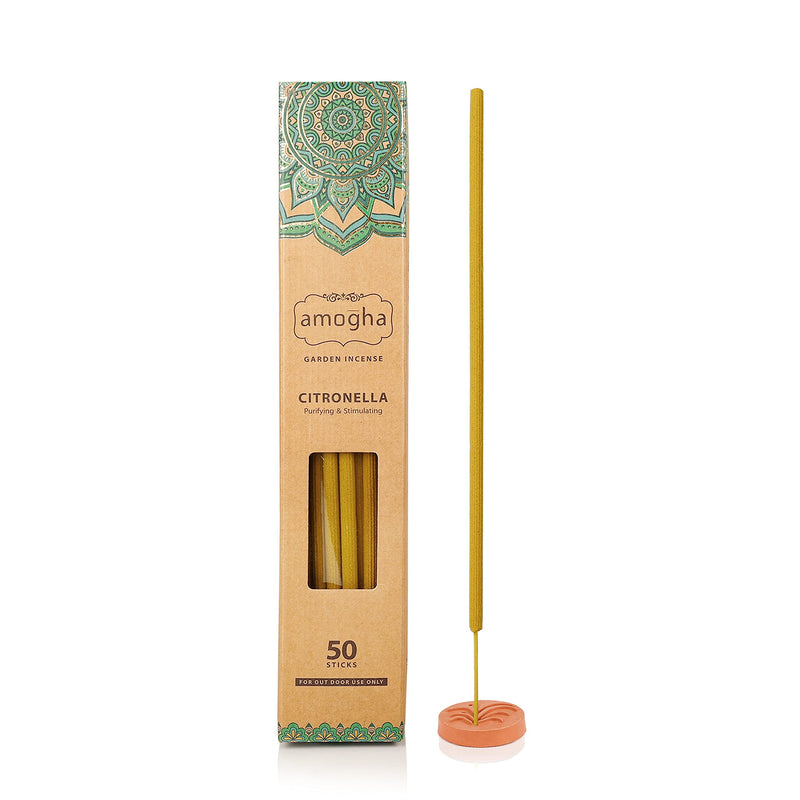 Amogha Citronella Incense Sticks with Terracotta Holder, 50 Sticks | 16" Inch Agarbatti Sticks with 2 Hours Burning time | Garden Incense Sticks | Purifying & Stimulating | Zero Carbon