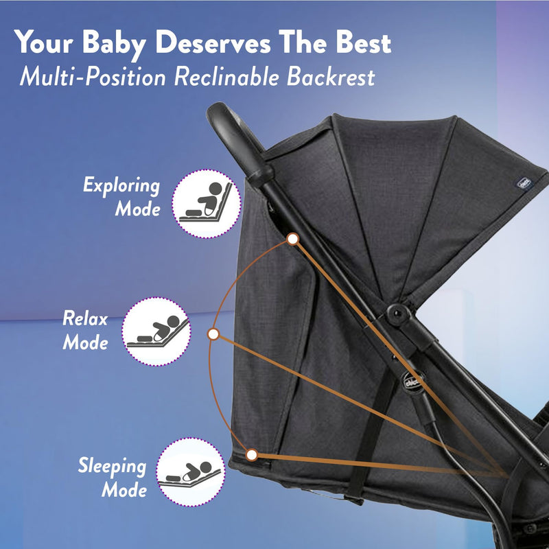 Chicco Trolleyme Stroller With Bumper Bar,Pram For 0-3 Years New Born/Baby/Toddler/Kid (Boy,Girl)Backrest With Multi-Level Adjustment,With Rain Cover,Canopy With Window Mesh,(Upto 15 Kgs,Stone Black)