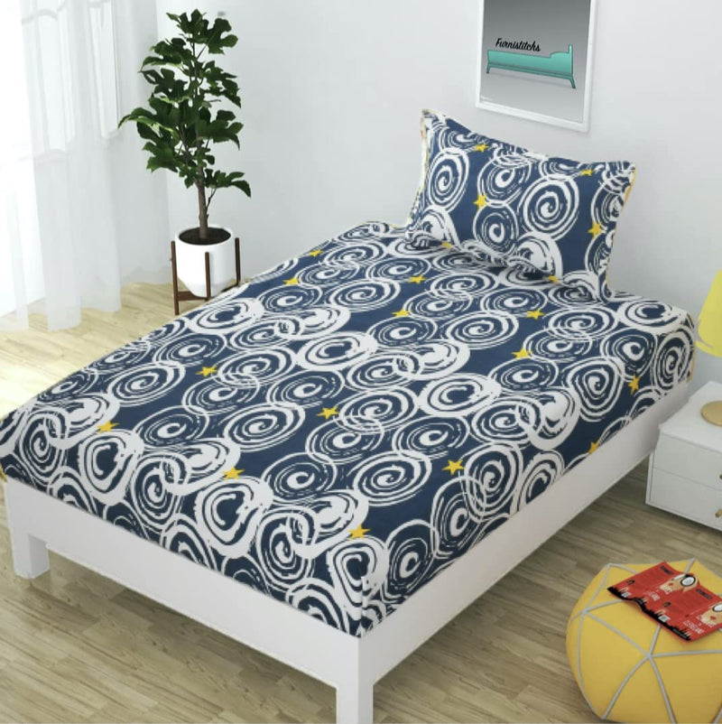 Furnistitchs Glace Cotton Elastic Bedsheet Single Bed with 1 Pillow Cover, Single Fitted Bedsheet 36"x72", (Blue Abstract)