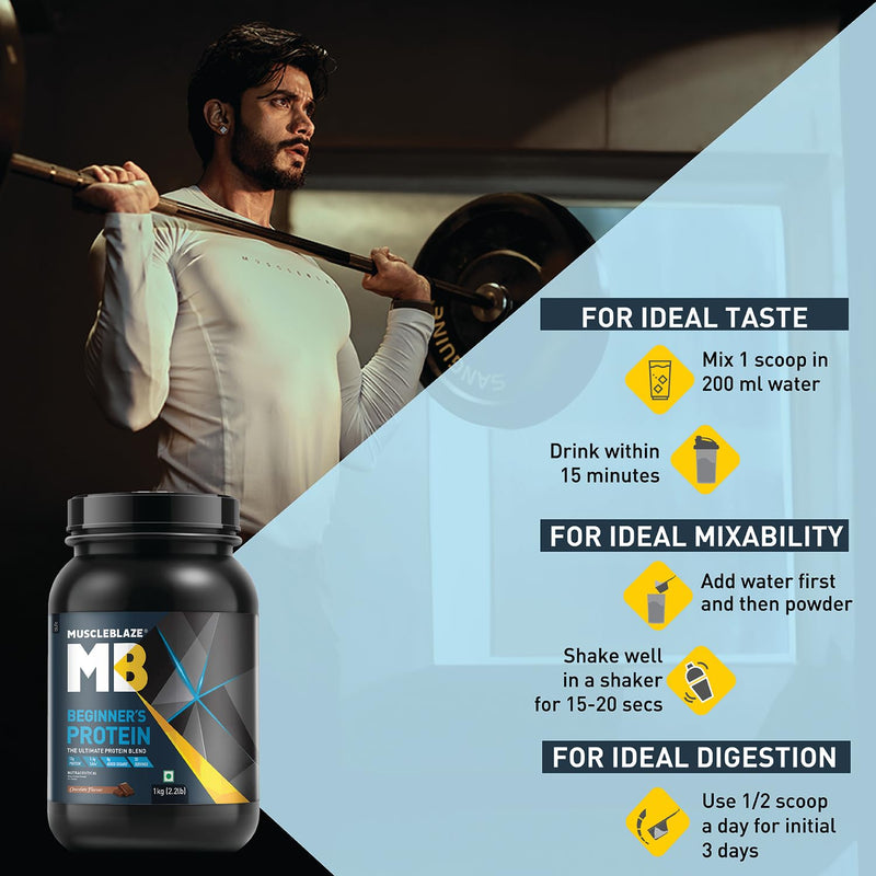 MuscleBlaze Beginner's Protein (Jar Pack), Whey Supplement, No Added Sugar, Faster Muscle Recovery & Improved Strength (Chocolate, 1kg / 2.2lbs) with 650ml Shaker (Combo Pack)