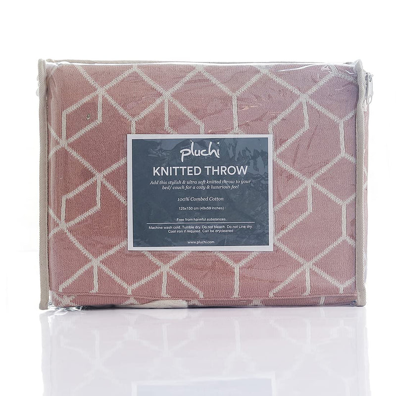 Pluchi Trellis Cotton Knitted All Season AC Throw Blanket in Blush Pink and Natural Color (125 cm x 150 cm)