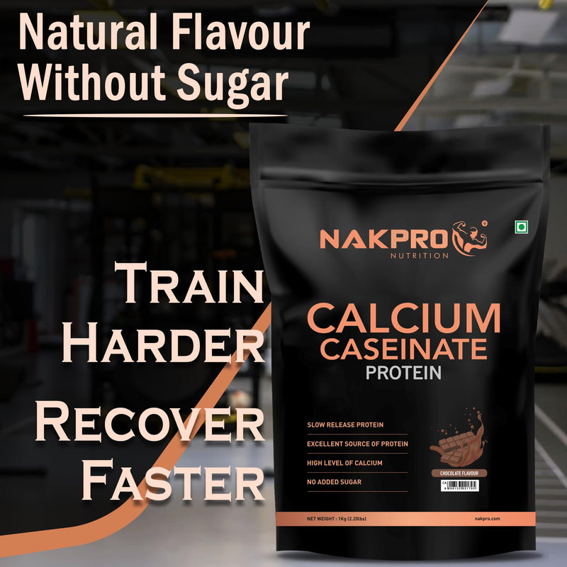 NAKPRO Calcium Caseinate | 27.88g Protein, 5.42g BCAA | Helps in Muscle Recovery | Slow Absorbing, Slow Digesting, Low Carbs Casein Protein Powder (1 Kg, Chocolate)