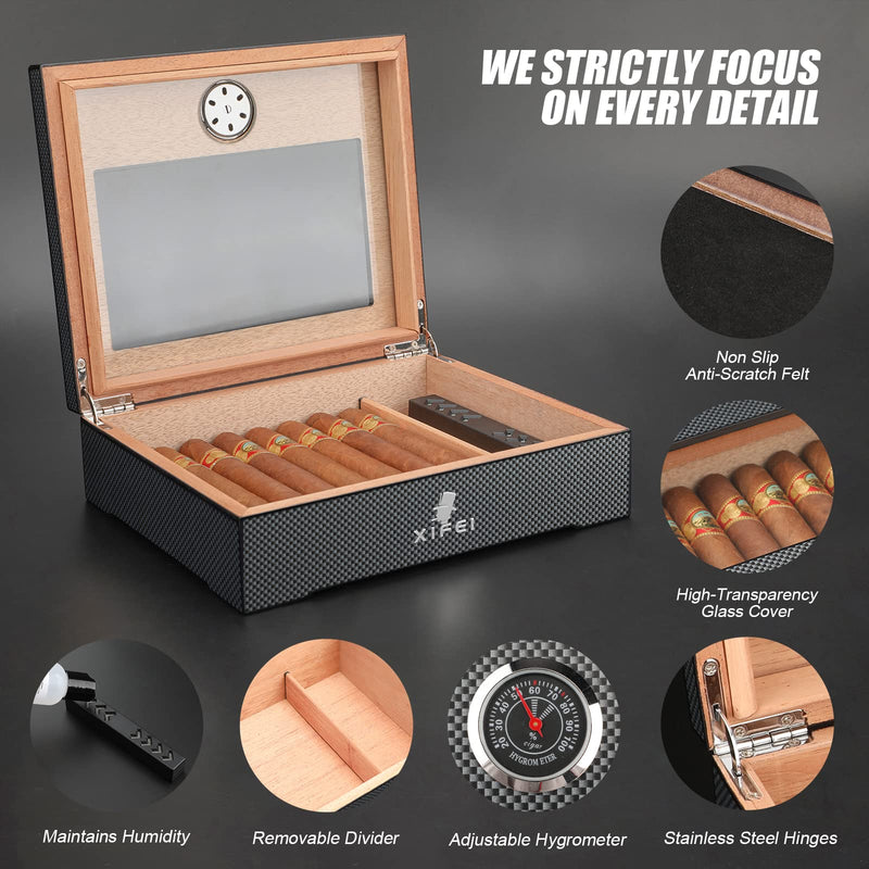 XIFEI Cigar Humidor, Glass Top carbon fiber texture top inlay Hygrometer,including Cigar humidifier, acrylic Cigar stand,Cigar ashtray and Humidor Solution, Holds 25-60 Cigars (9IN*7.5*2.8)