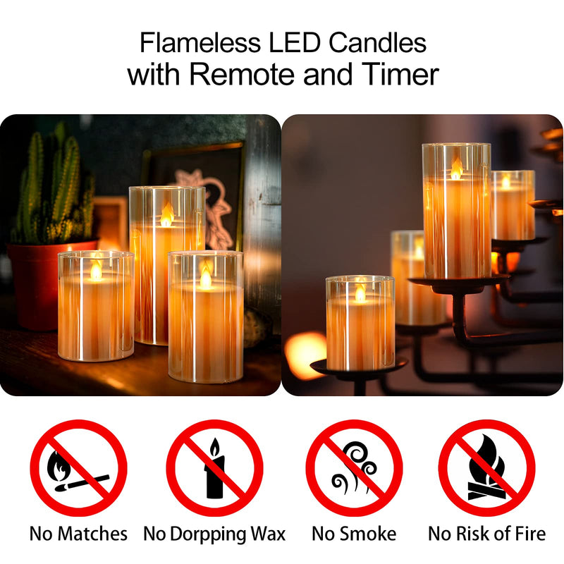 Silverstro Glass Flameless Candles with Remote, Moving Amber Flame Gold Electroplated LED Candles, Battery Operated Candles for Christmas Party Bubble Bath Home Decor, Set of 3