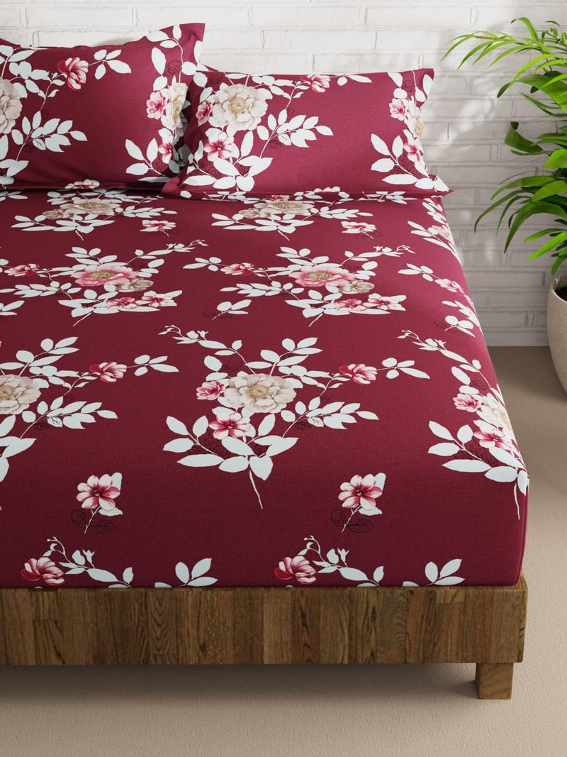 KOPA Extra Smooth Micro Double Bedsheet with 2 Pillow Covers -3pc Set (la-Vogue) | Extra Smooth Cotton Feel - Glace Cotton | 1 Bedsheet with 2 King Size Pillow Covers Floral-Wine