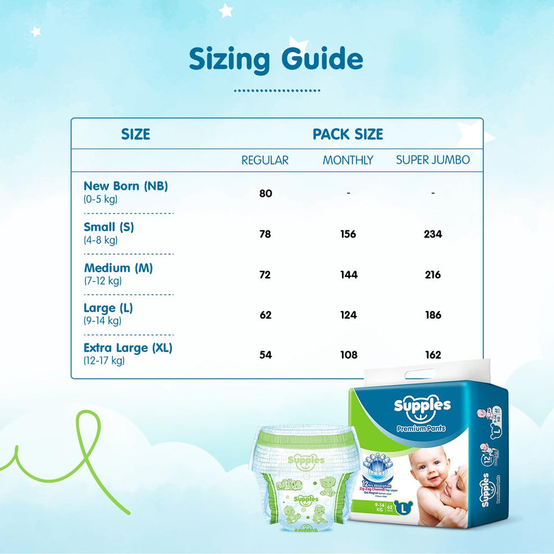 Supples Premium Diapers, Large (L), 62 Count, 9-14 Kg, 12 hrs Absorption Baby Diaper Pants