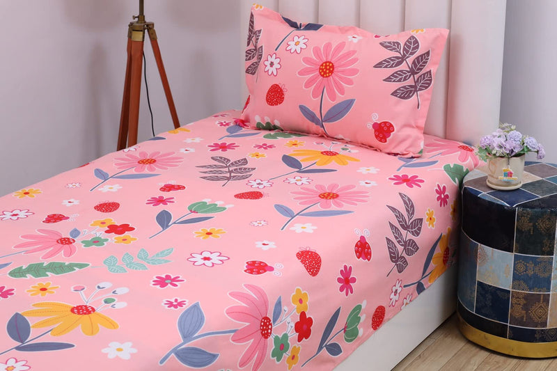 RD TREND Polycotton Printed Single Flat Bedsheet with 1 Pillow Cover (18 X 28 Inch) (Pink)