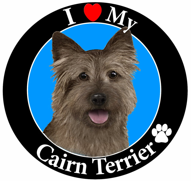 "I Love My Cairn Terrier" Car Magnet With Realistic Looking Cairn Terrier Photograph In The Center Covered In UV Gloss For Weather and Fading Protection Circle Shaped Magnet Measures 5.25 Inches Diameter