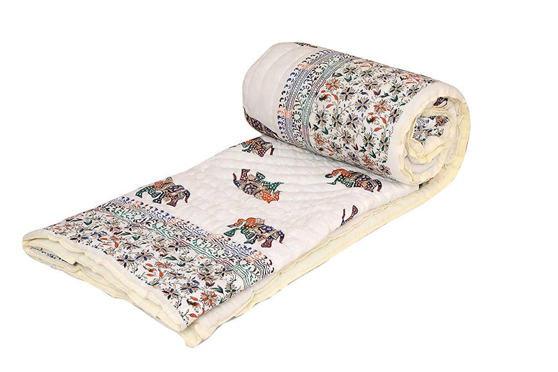 Namaste India Hand Block Printed Soft Cozy Winter Cotton Double Bed Jaipuri Quilt/Razai mforter (90 x105 inches) [Elephant Print]