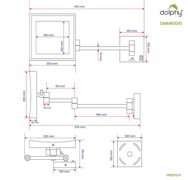 DOLPHY One Side 3X LED Lighted Magnifying Wall Mounted Square Vanity Mirror 8 inch