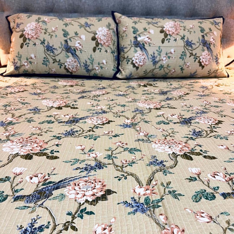 Bedsheet with Pillow Cover Floral Design Quilted Bedcover Anokhi Print King Size Bed Sheet with 2 Pillow Cover Suitable Bedsheet for Double Bed(Size-100"×108") (Beige Base With Soft Colour Florals)