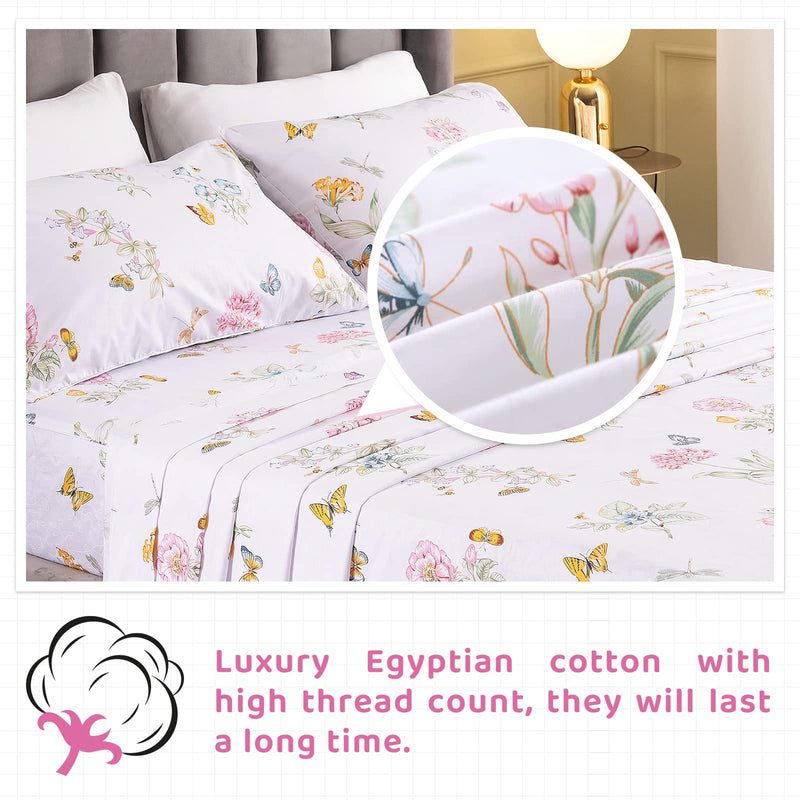 QSH Queen’s House Floral Butterfly Sheets Sets Egyptian Cotton Printed Deep Pocket Bed Sheet Set —King Size,Sheet I