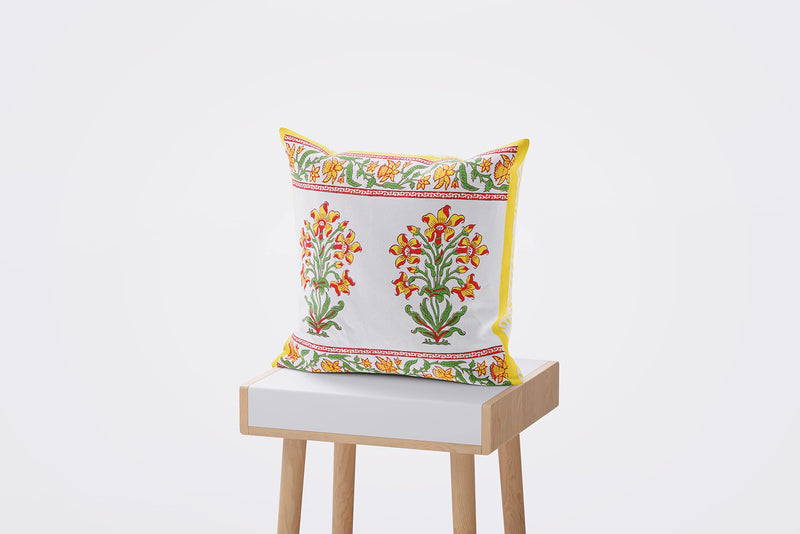 BLOCKS OF INDIA Hand Block Printed Cotton Cushion Cover (16 X 16 Inches) (Yellow Flower), 300 TC