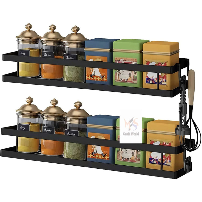 MFS Craft World Iron Wall Mounted Spice Rack Organizer Pack of 3,Hanging Spice Seasoning Rack Shelf Storage with Free 5 Hooks for Kitchen Cabinet Pantry Door (3), Black,White, Hanging Shelves