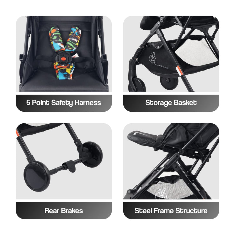 R for Rabbit Pocket Stroller Lite Baby Stroller, Portable Travel Friendly Pre Installed Baby Trolley Stroller & Pram for Newborn Babies of Age 0 to 3 Years | 6 Months Warranty | (Black Multi)