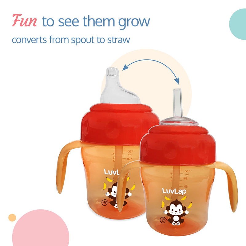 LuvLap Banana Time 150ml Anti Spill, Interchangeable Sipper / Sippy Cup with Soft Silicone Spout and Straw BPA Free, 6m+ (Orange)