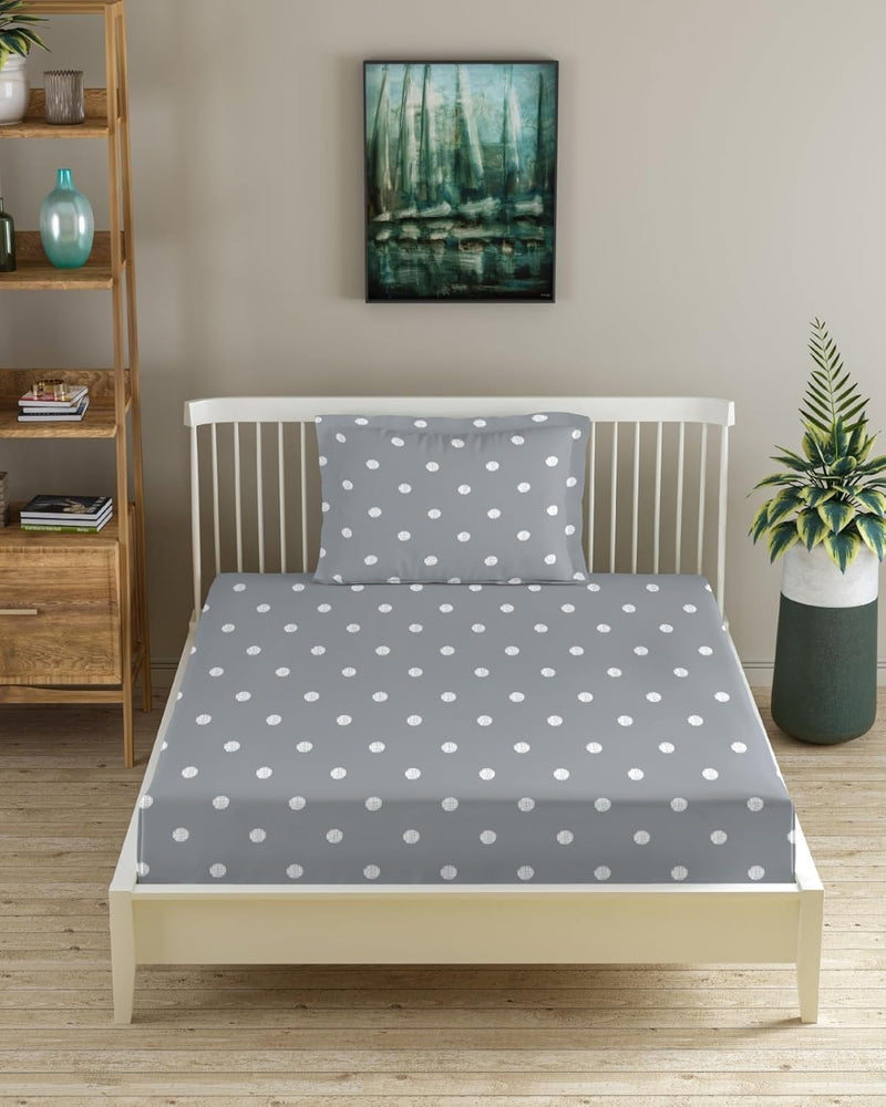 Trance Home Linen 300TC 100% Cotton 72"x30" Single Bed Size Elastic Fitted Bedsheet | Printed Single Size Bed Elasticated Fitted Bedspread with 1 Pillow Cover (72x30 inch, Grey White Circles)