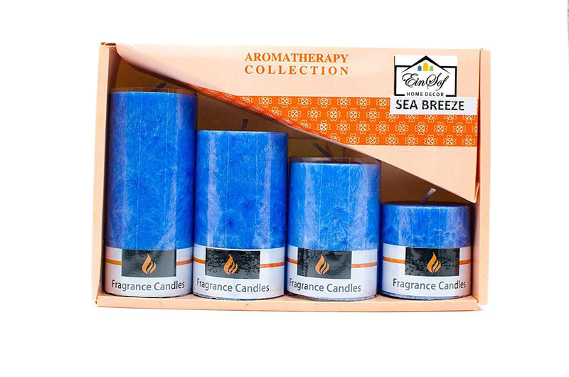 The Decor Affair Set of 4 Scented Pillar Candles in Luxurious Marble Design, Evoking The Gentle Whispers of Sea Breeze